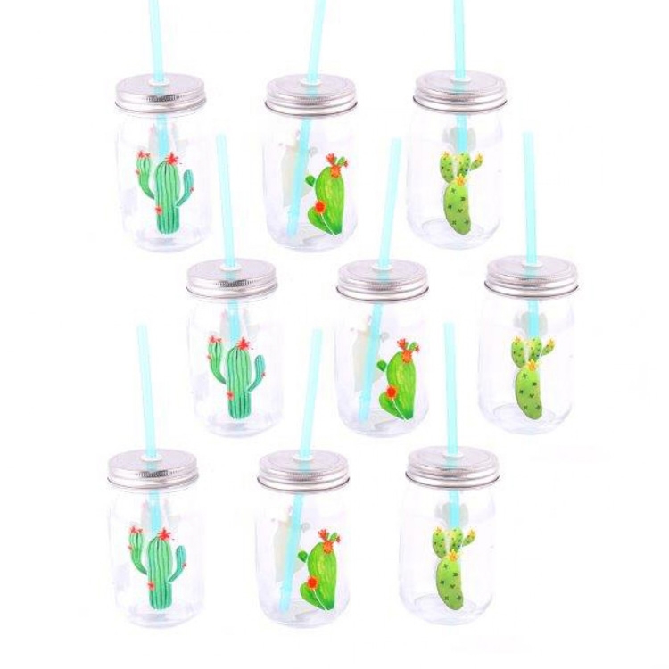 Kitchen 12 x Glass Cactus Drinking Jars