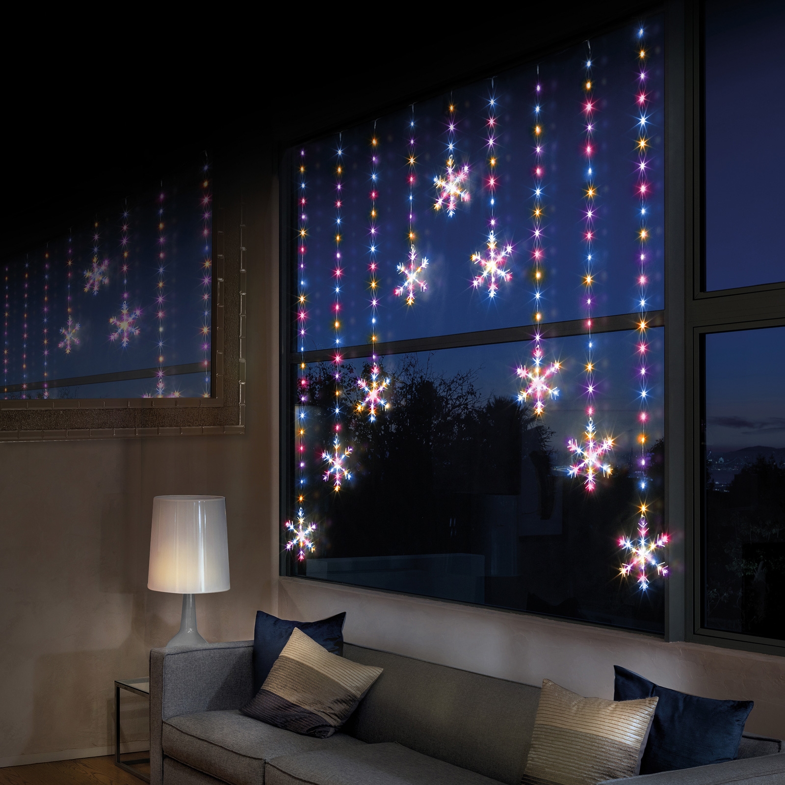 Image of 339 LED Snowflake Light Curtain - Rainbow