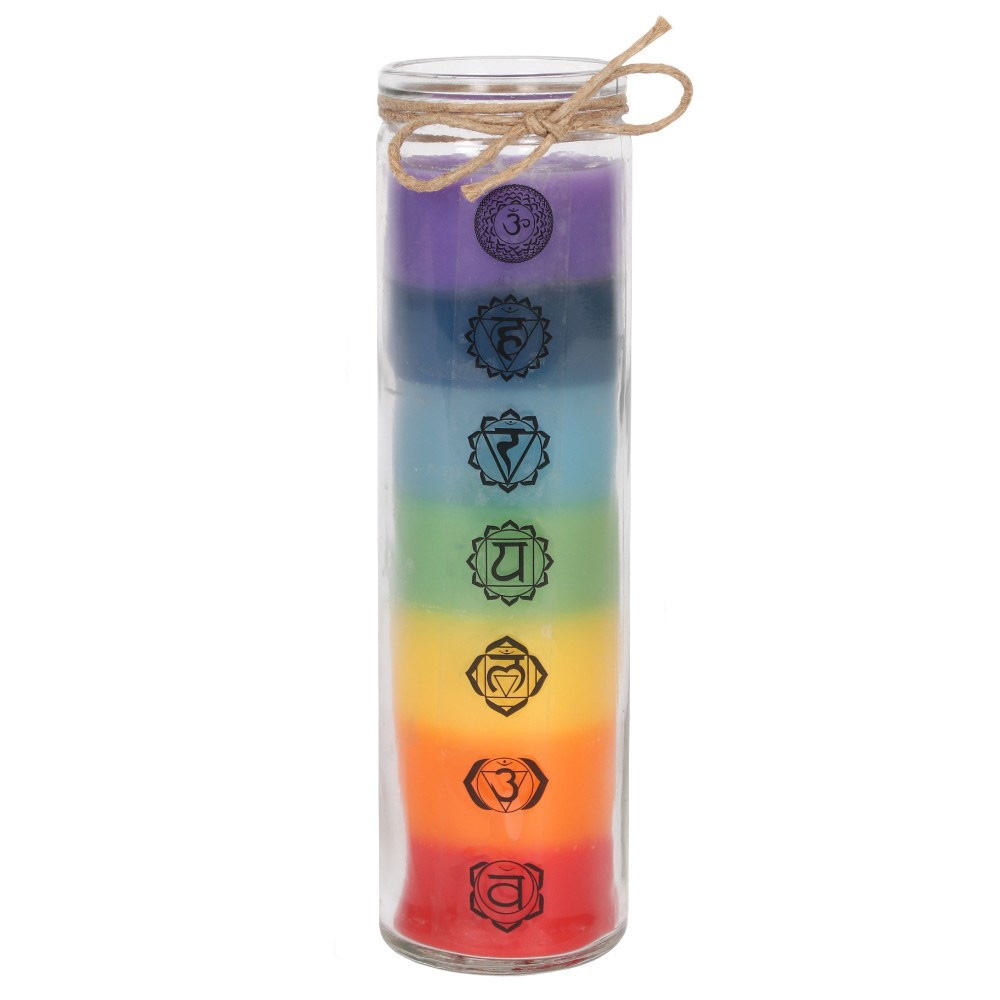 Click to view product details and reviews for Tall Glass Chakra Candle.