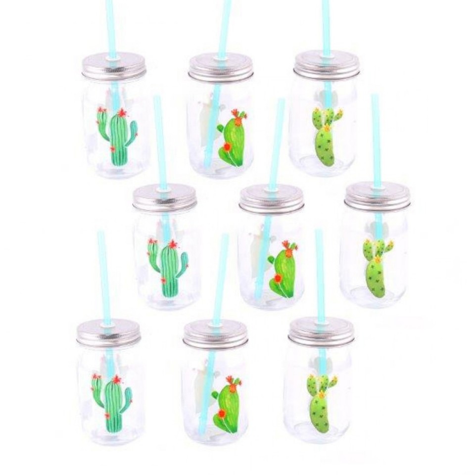  12 x Glass Cactus Drinking Jars 