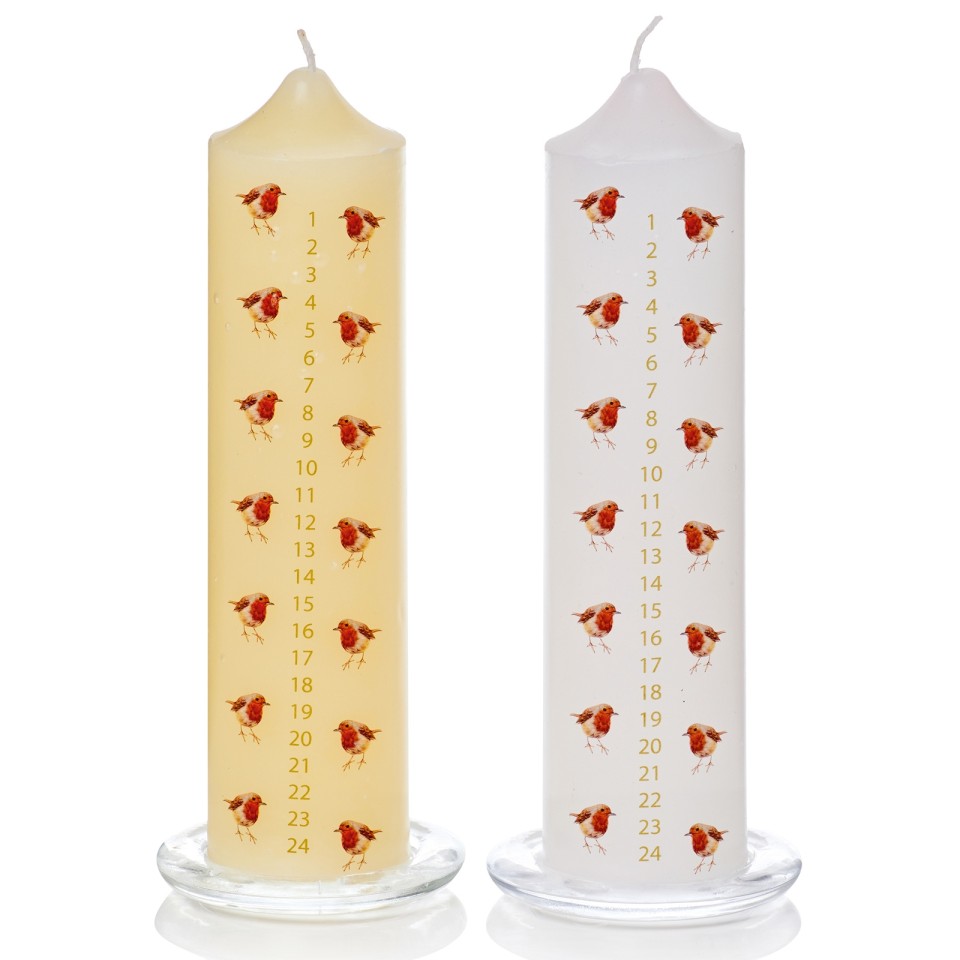 Candles either white or cream chosen at random Robin Advent Pillar Candle & Glass Candle Plate