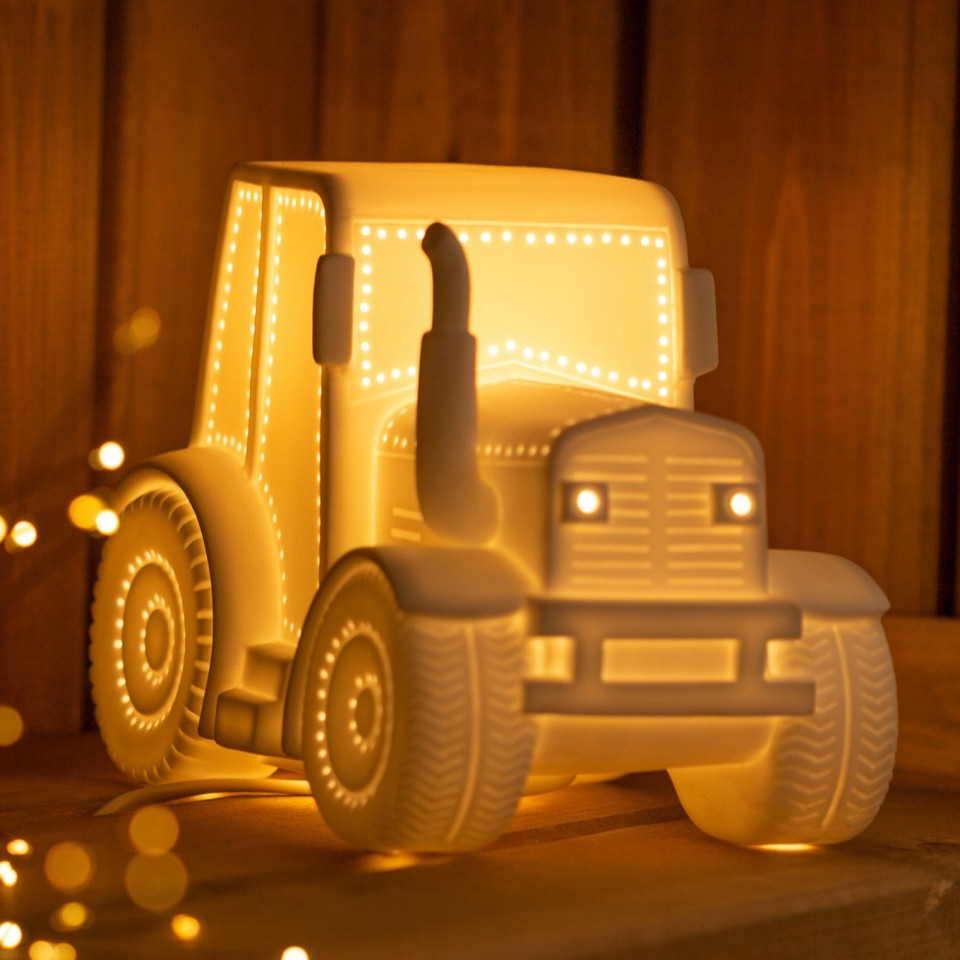 Porcelain White Kids Tractor Lamp, Tractor Table Lamp