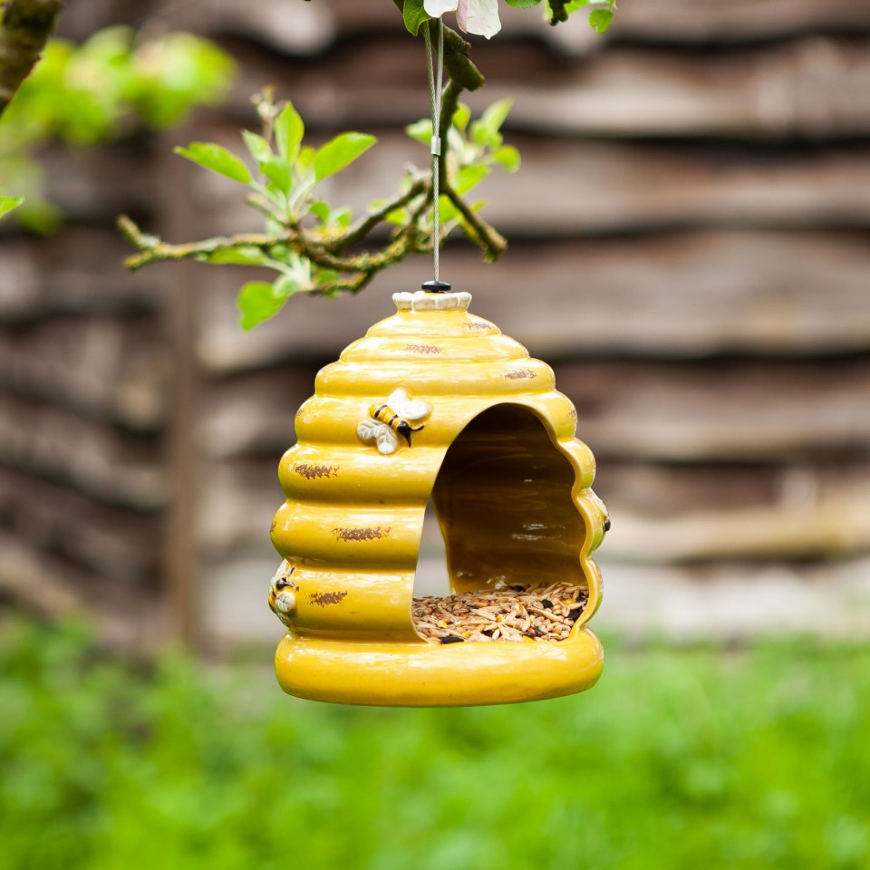 Hanging Bird Feeder Ceramic Beehive Shape Outdoor Garden Ornament Bee Hive