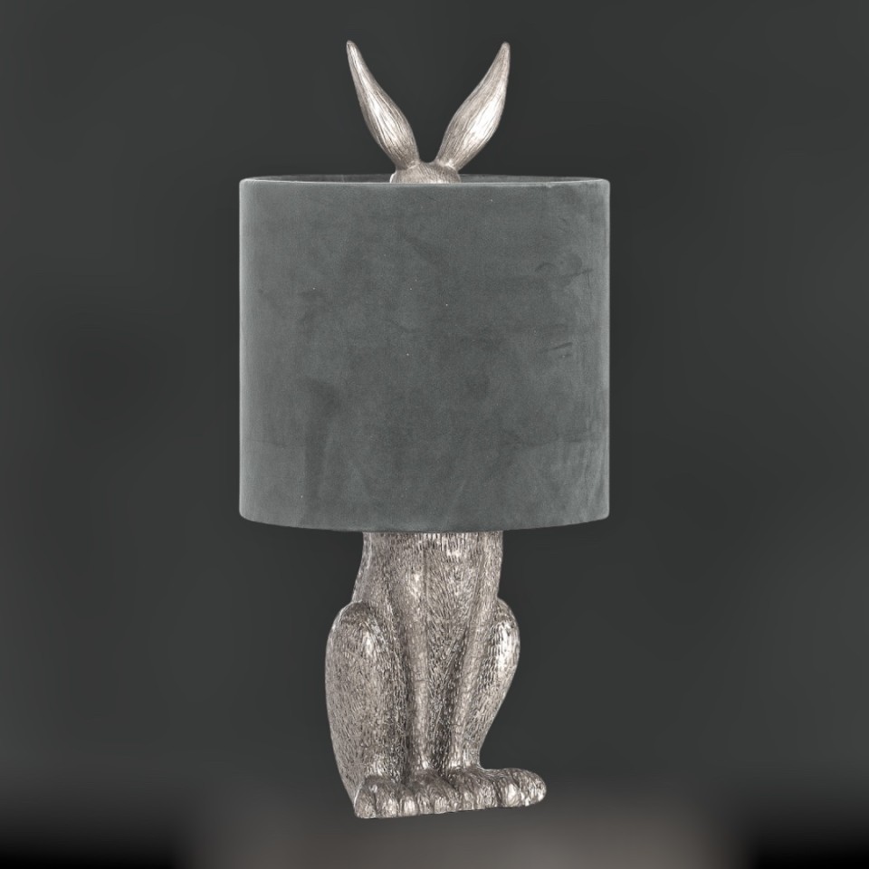  Hare Table Lamp in Silver with Grey Velvet Shade