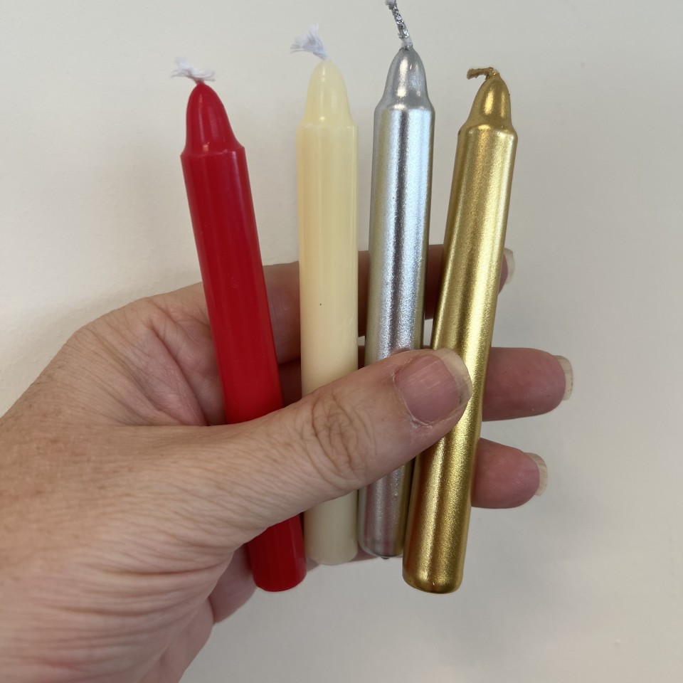 Candles are 10cm tall with 12mm diameter Mini Candles in Red, Ivory, Silver, Gold - 20 Pack