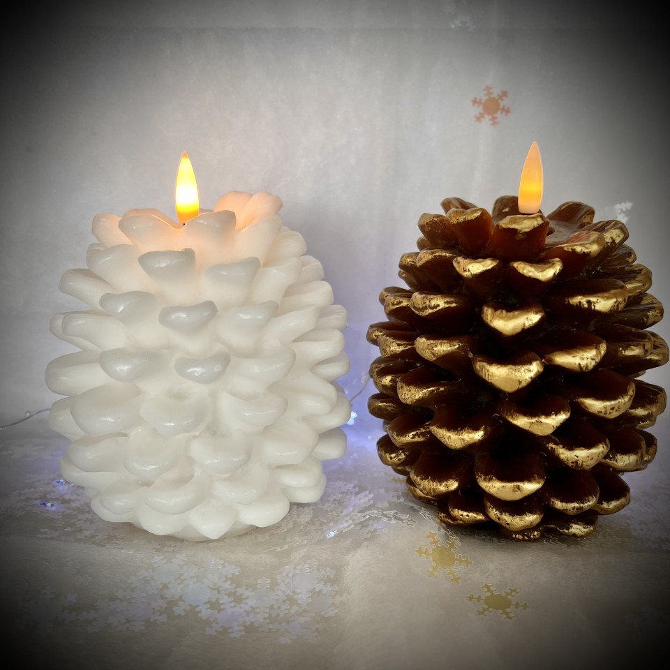  LED Flicker Flame Pinecone Candle in White or Brown Gold