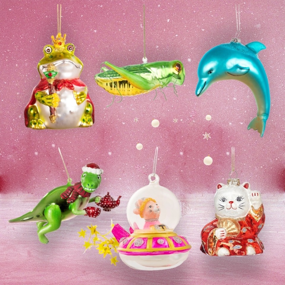 Not to scale, see individual measurements. Crazy Christmas Critters Glass Bauble Ornaments