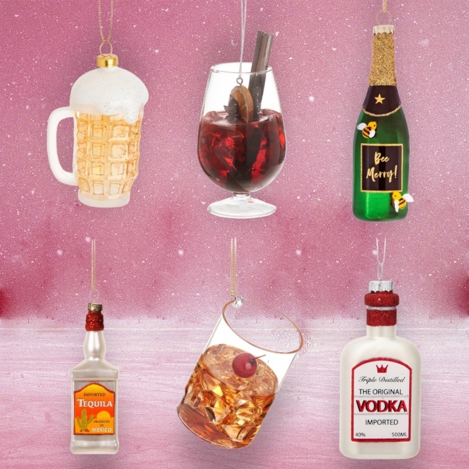 Not to scale, see individual dimensions Beautifully Boozy Baubles Glass Ornaments