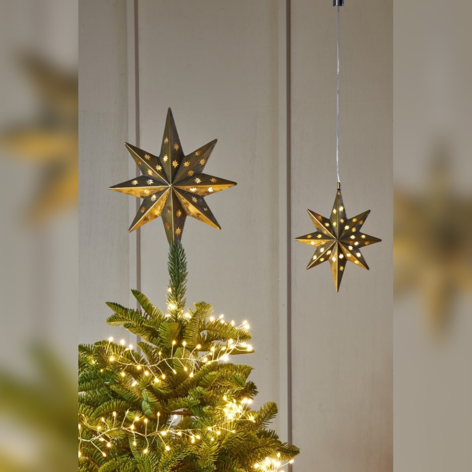 Can be hung, or fixed onto tree Luxury Hanging or Treetop Christmas Stars in Gold or White