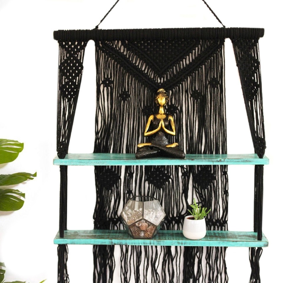  Macrame Black & Turquoise Hanging Shelves