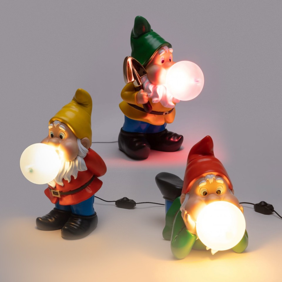 All 3 lamps illuminated Gummy Bubble Blowing Gnome Lamps by Seletti