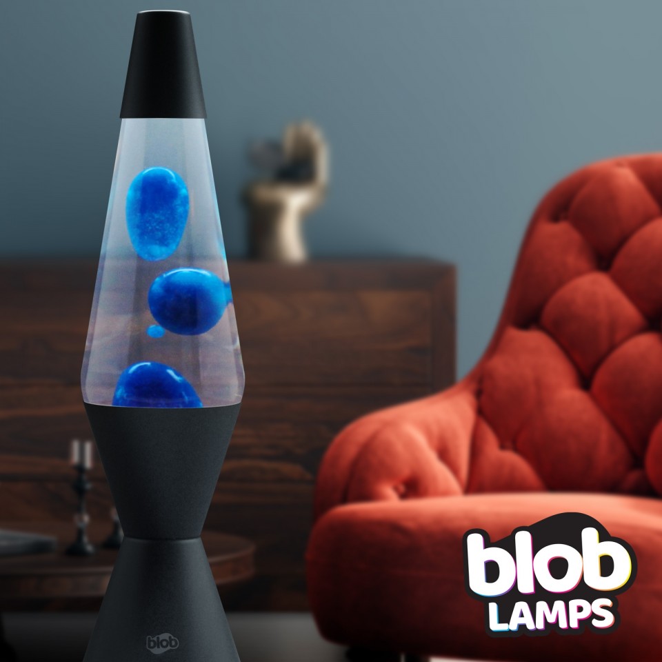  VINTAGE Blob Lamp -  Matt Black Lava Lamp 14.5" - Blue/Clear