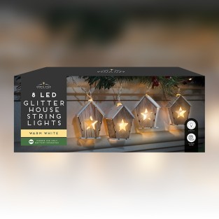 8 LED Wooden Glitter House String Lights - Warm White