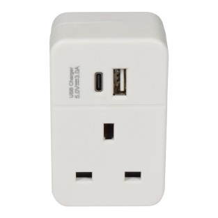 Plug Through UK Mains Adaptor with USB A and PD fast charging USB C Port