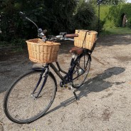 Cambridge Bike Basket - Natural Willow & Leather 3 Shown with Trout Creel on back