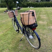 Cambridge Bike Basket - Natural Willow & Leather 5 Shown with Trout Creel on back
