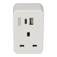 Plug Through UK Mains Adaptor with USB A and PD fast charging USB C Port 3 