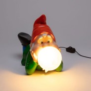 Gummy Bubble Blowing Gnome Lamps by Seletti 3 Dreaming - Red hat, natural bubble, lit