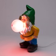 Gummy Bubble Blowing Gnome Lamps by Seletti 6 Working, Green hat, pink bubble, lit