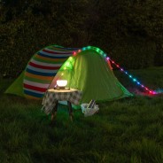 Solar & USB Party Festival Light & String Light 5 Lantern unfolded and on, plus 5m string lights 
