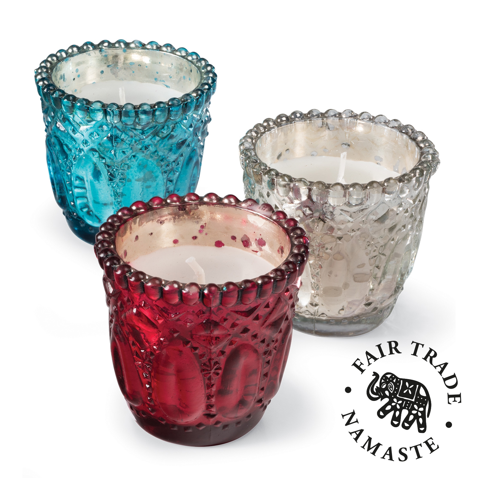 Click to view product details and reviews for Embossed Glass Indian Votive Candle.