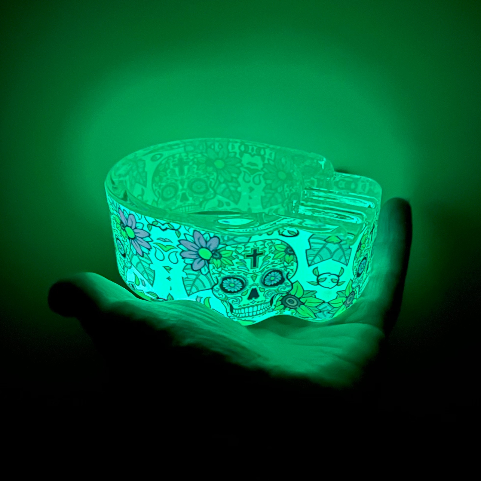 Click to view product details and reviews for Glowing Sugar Skull Glass Dish.
