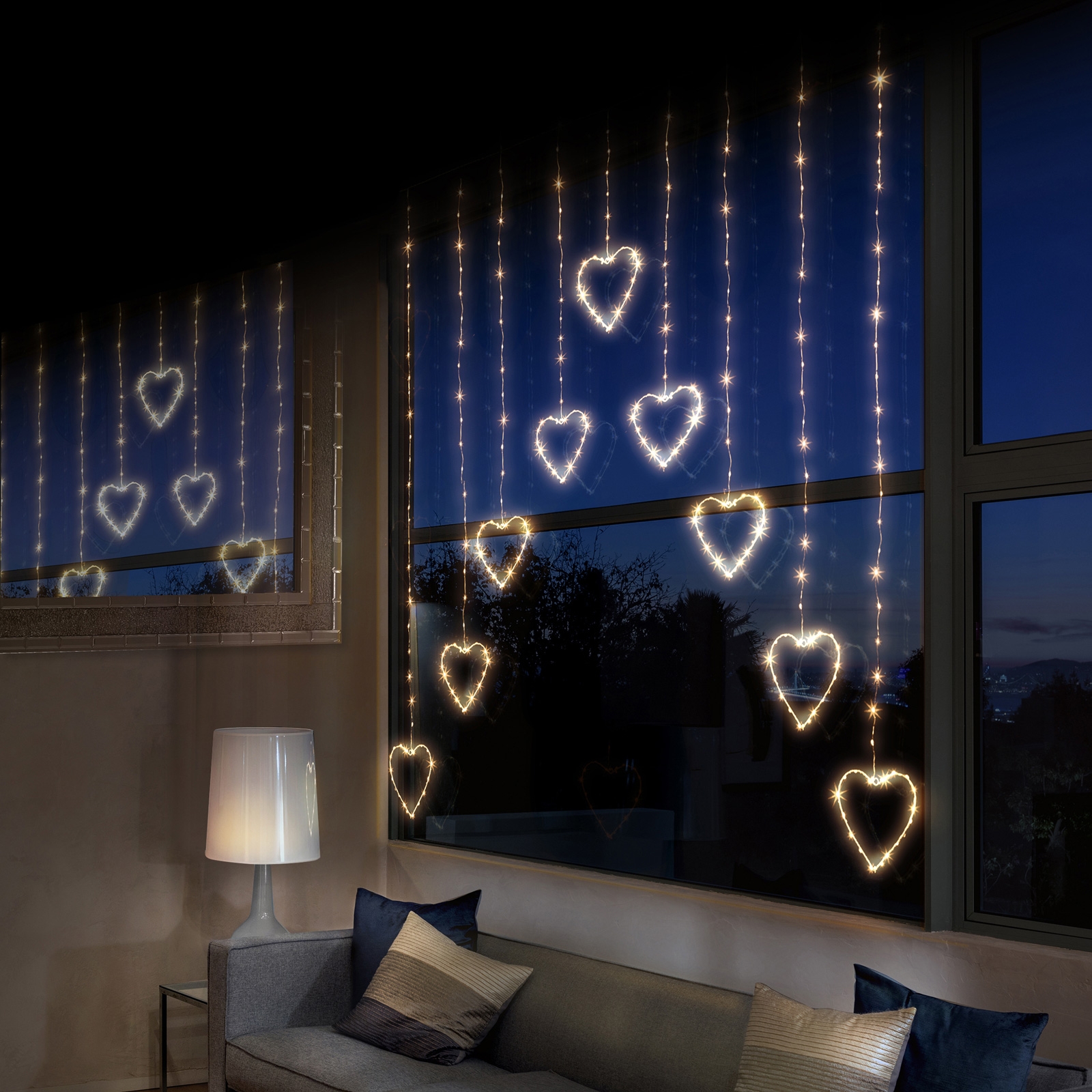 Image of Hanging Heart Curtain Light - 303 Warm White LED's