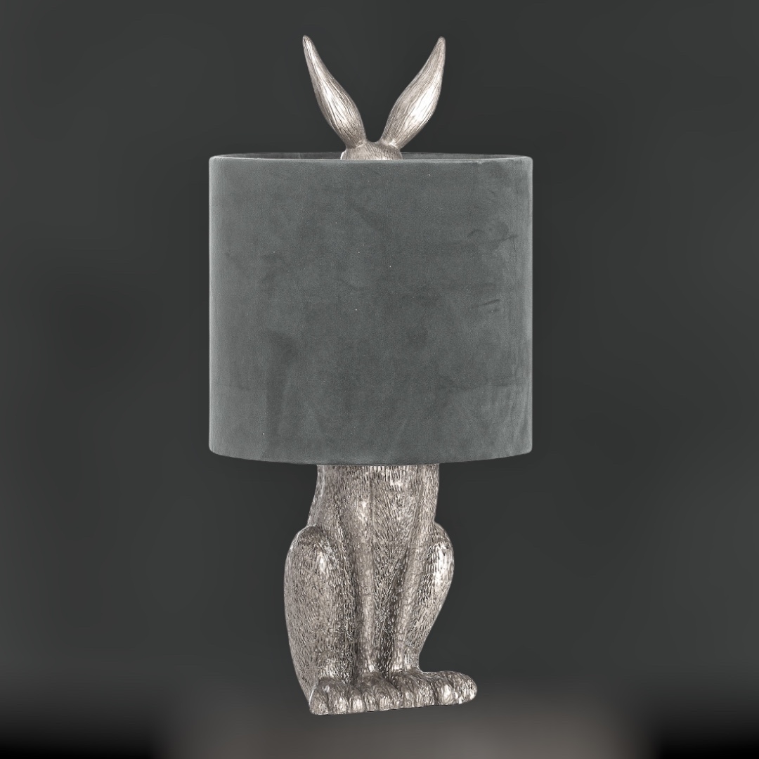 Click to view product details and reviews for Hare Table Lamp In Silver With Grey Velvet Shade.
