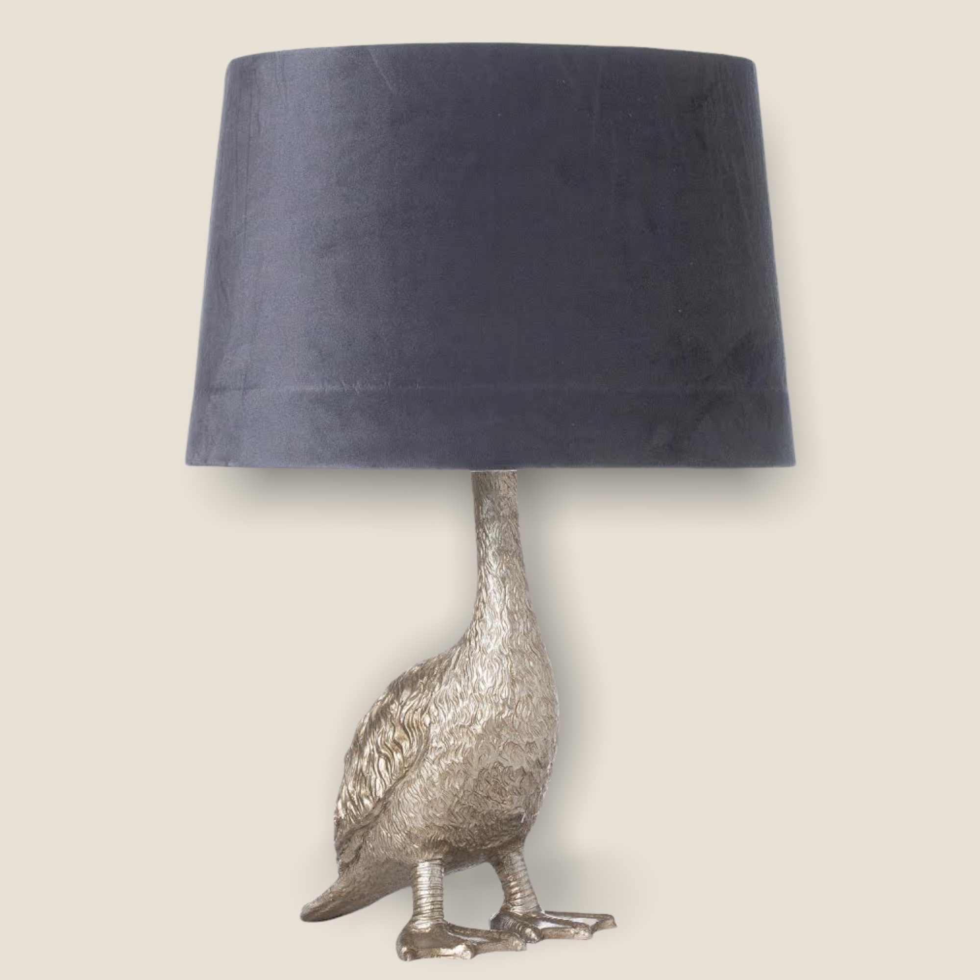 Click to view product details and reviews for Gary The Goose Silver Table Lamp With Grey Shade.
