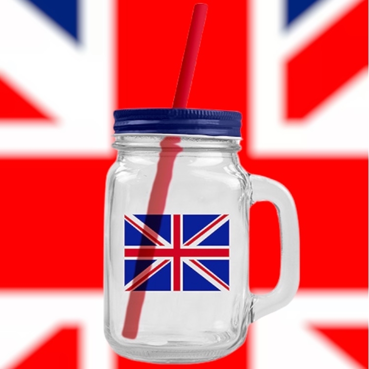 Click to view product details and reviews for Union Jack Glass Mason Jar With Handle And Straw.