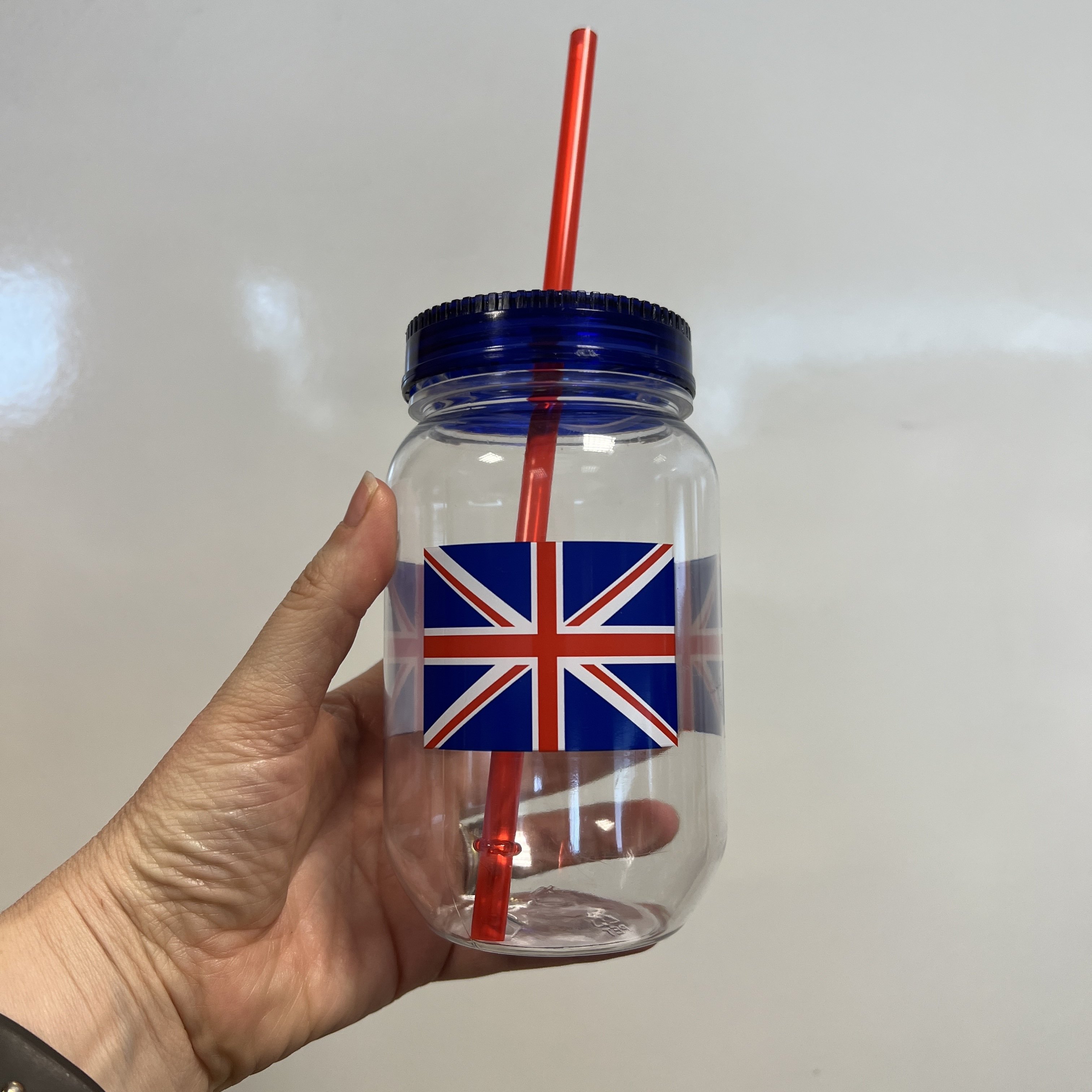 Click to view product details and reviews for Plastic Union Jack Mason Jar With Straw.