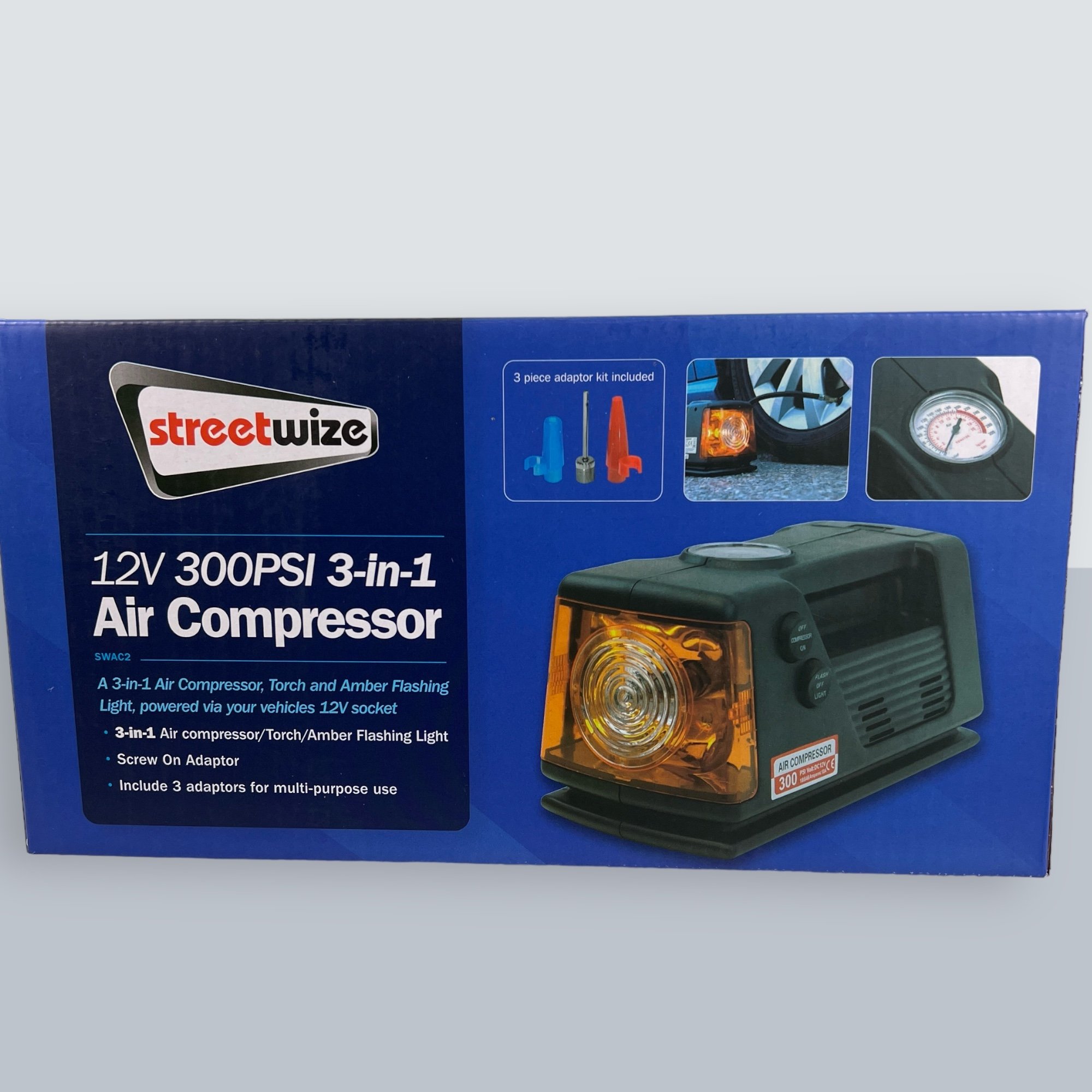 Click to view product details and reviews for 12v 300psi 3 In 1 Air Compressor Torch And Amber Light.
