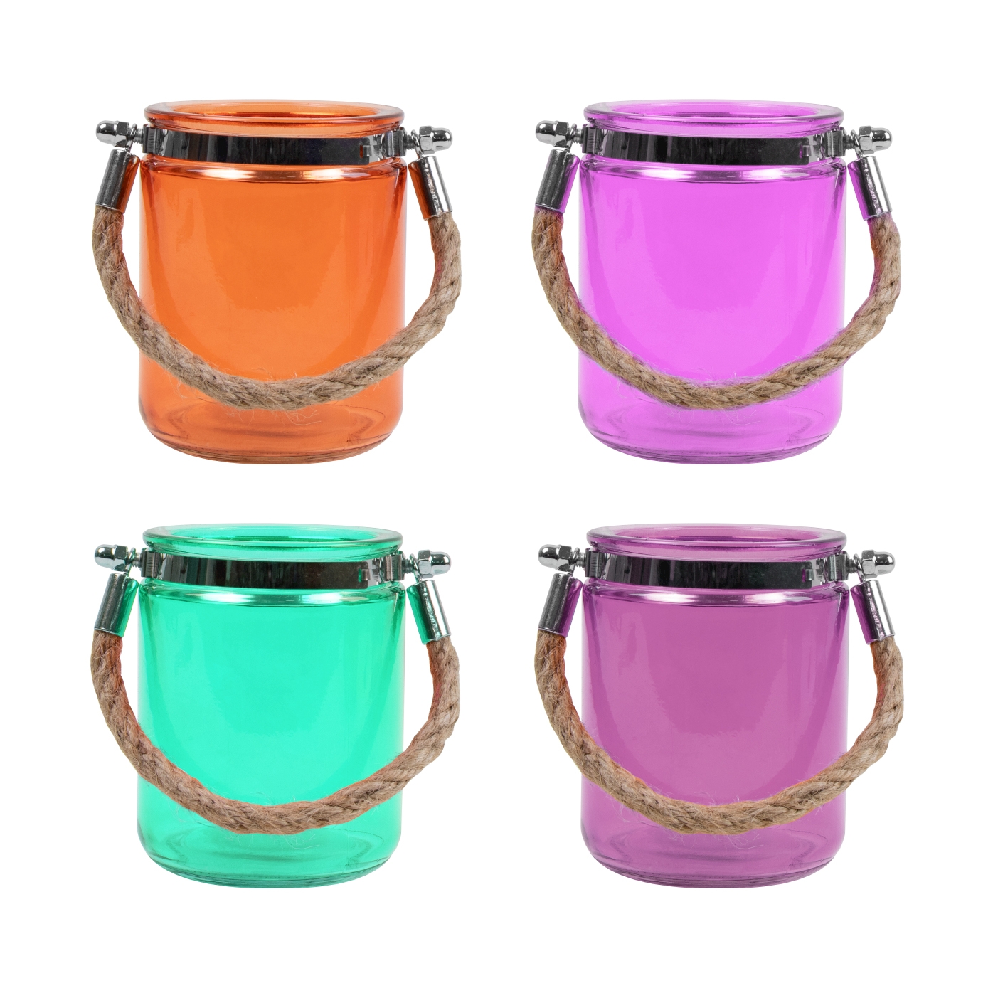 Click to view product details and reviews for 4 X Jute Handled Coloured Glass Lanterns.