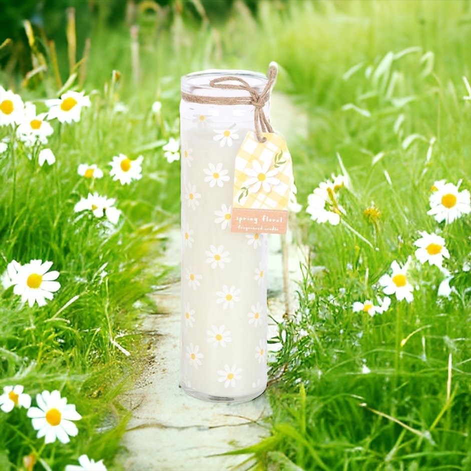 Click to view product details and reviews for White Daisy Glass Tube Candle.