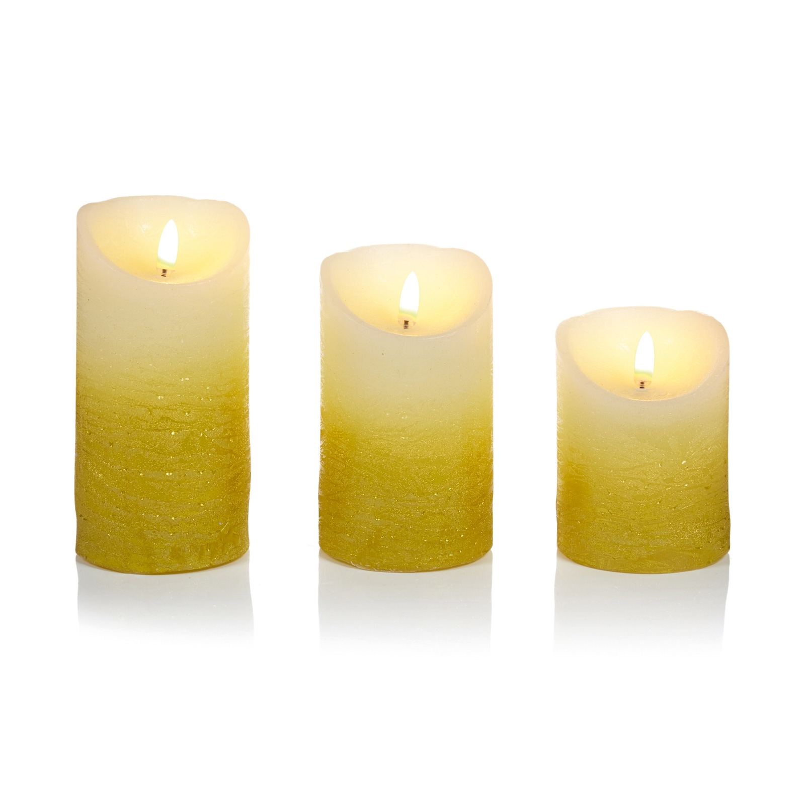 Click to view product details and reviews for Set Of Three Ombre Flickabright Gold Candles.