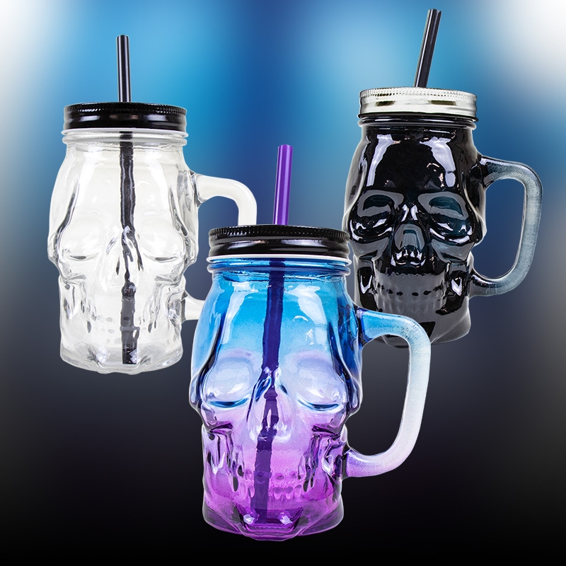Click to view product details and reviews for Glass Skull Mason Jars With Straws And Lids 3 Pack.