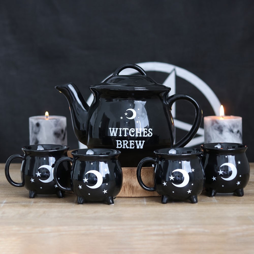 Witches Brew Black Cauldron Teapot And Mugs Tea Set